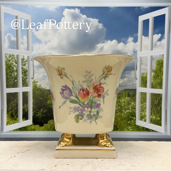 Vintage Footed Floral Cachepot - Gilded Lion Paw Feet Porcelain Planter - Picture 2 of 13